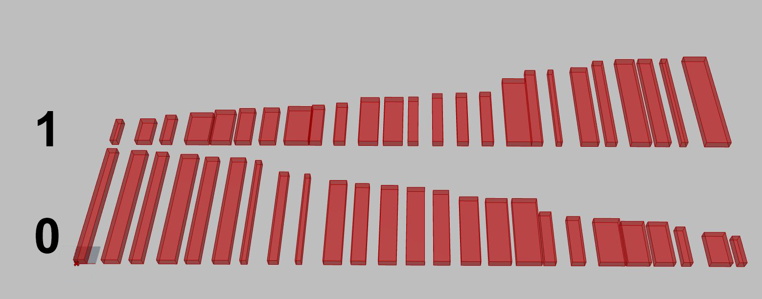 Marble blocks sorted by length into two complementary wall elements